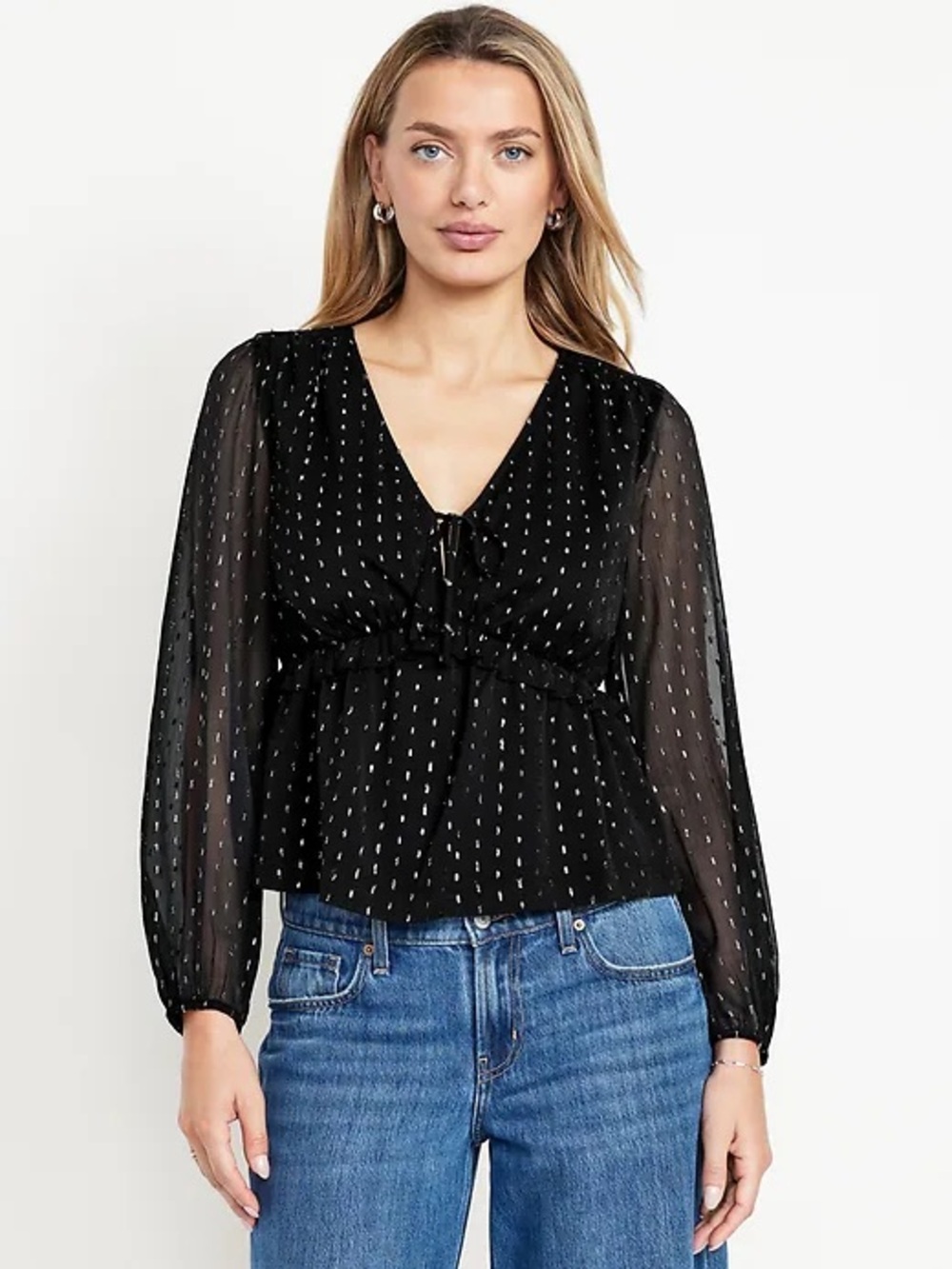 Black Long-Sleeve Blouse with Metallic Dots